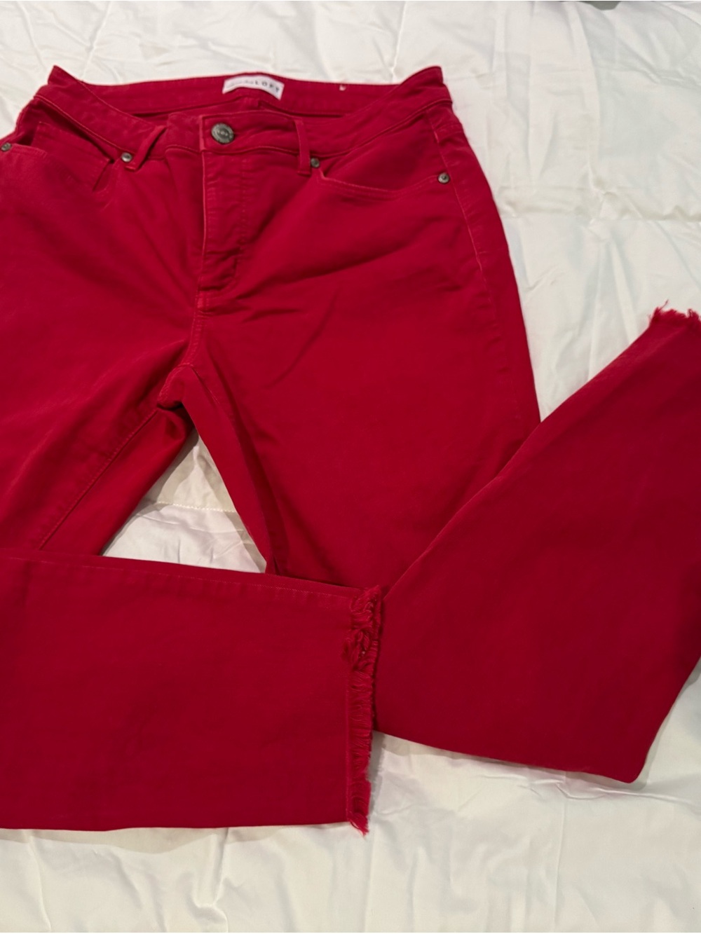 LOFT Bright Red Flare Jeans with Frayed Hem